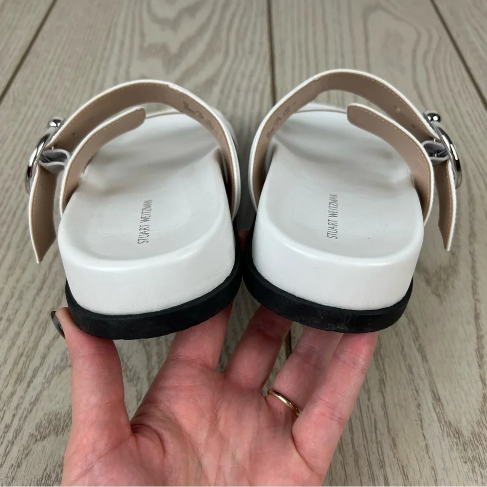 Stuart Weitzman Joni Leather Footbed Buckle Strap Slide Sandals 5.5B White $325